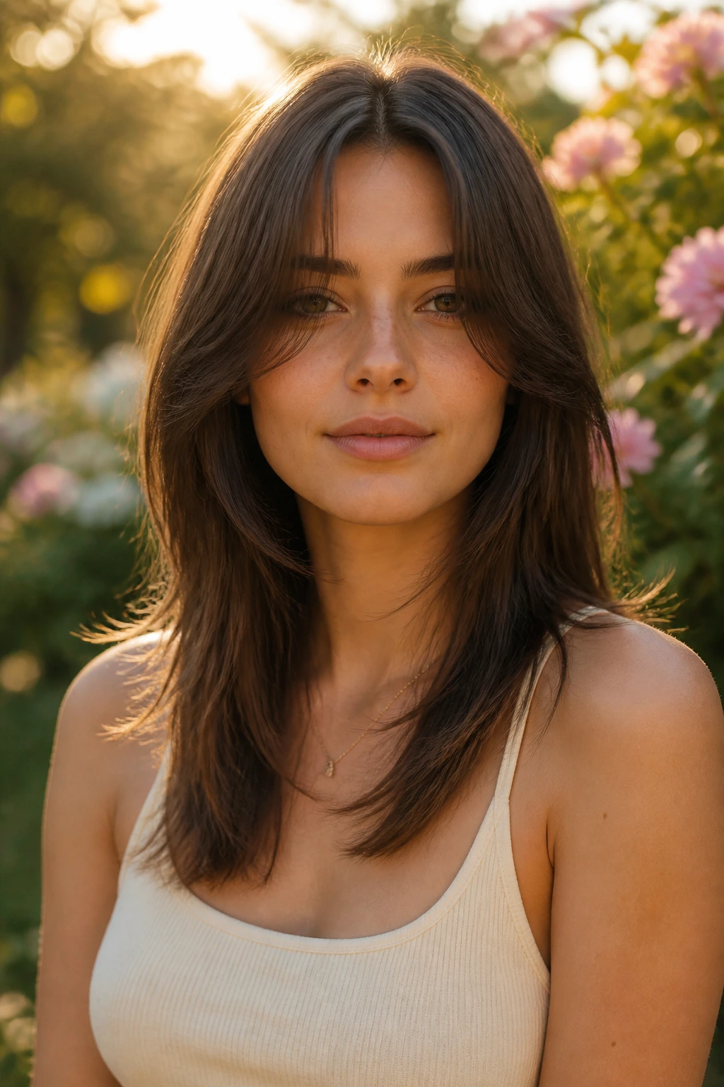 Medium close-up portrait of a real woman with collarbone-length curtain fringe in golden-hour light.