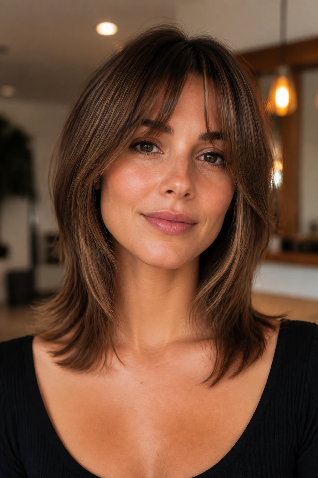 Portrait of a woman with collarbone-length hair and curtain bangs