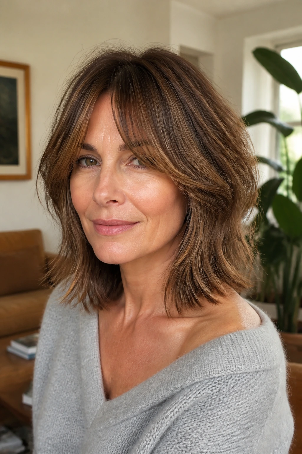 Close-up of collarbone-length curtain shag on a real woman.