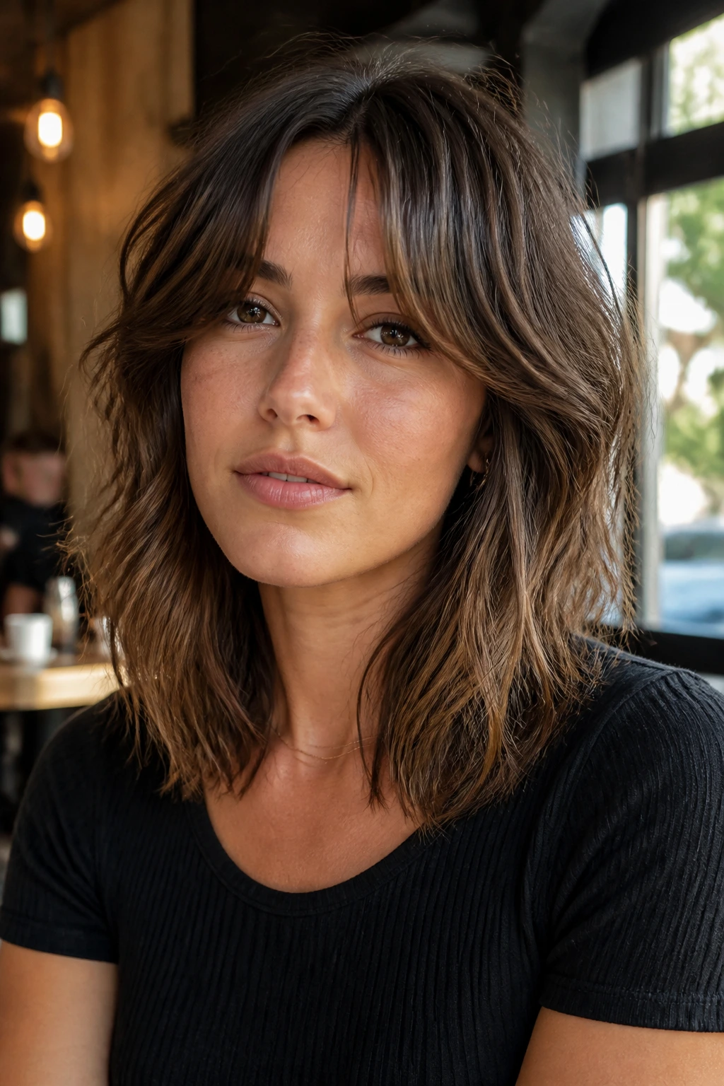 Close-up of a woman with collarbone-length shag and curtain fringe in sunlit cafe setting.