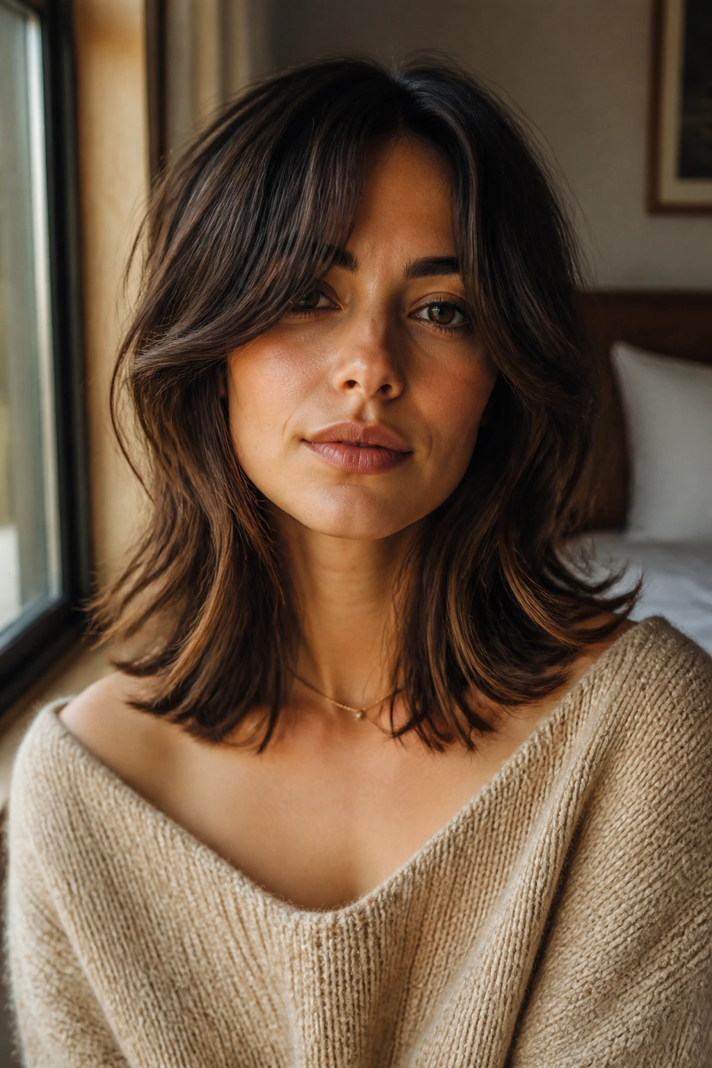 Close-up portrait of a real person with collarbone-length shag with curtain fringe