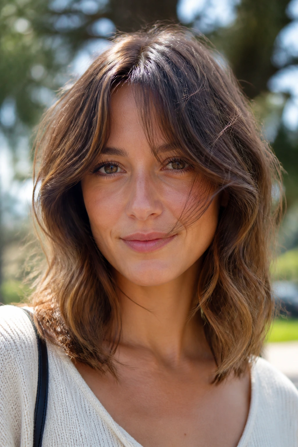 Close-up of a real woman with wavy collarbone-length curtain bangs