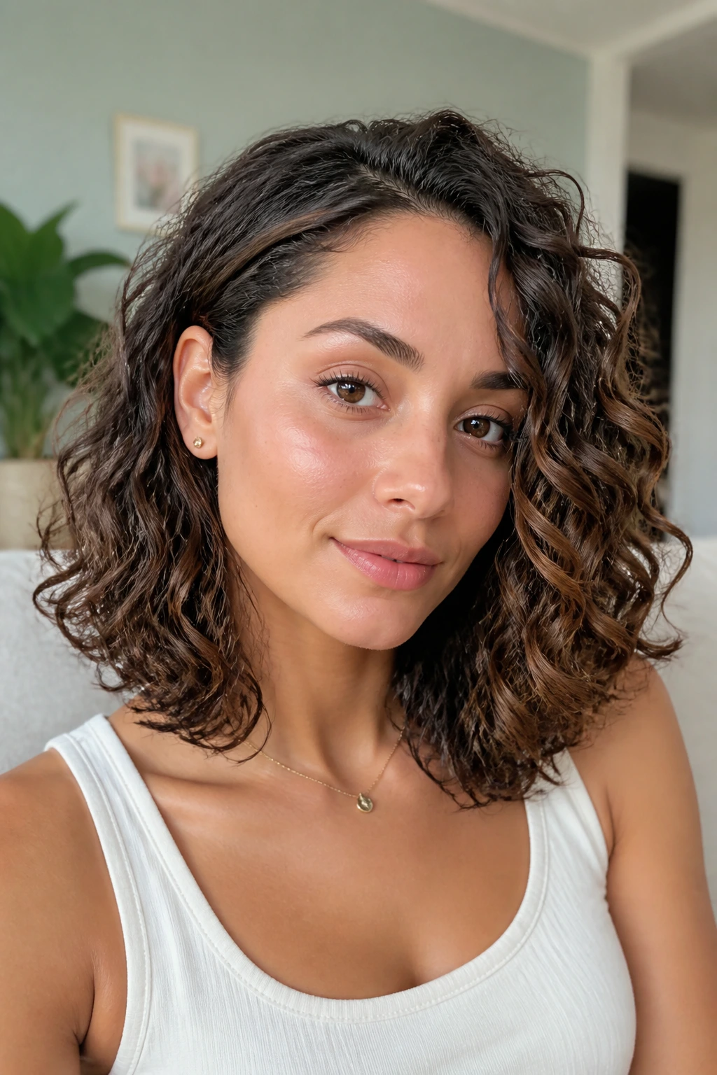 Close-up of a real woman with collarbone curve lob hairstyle