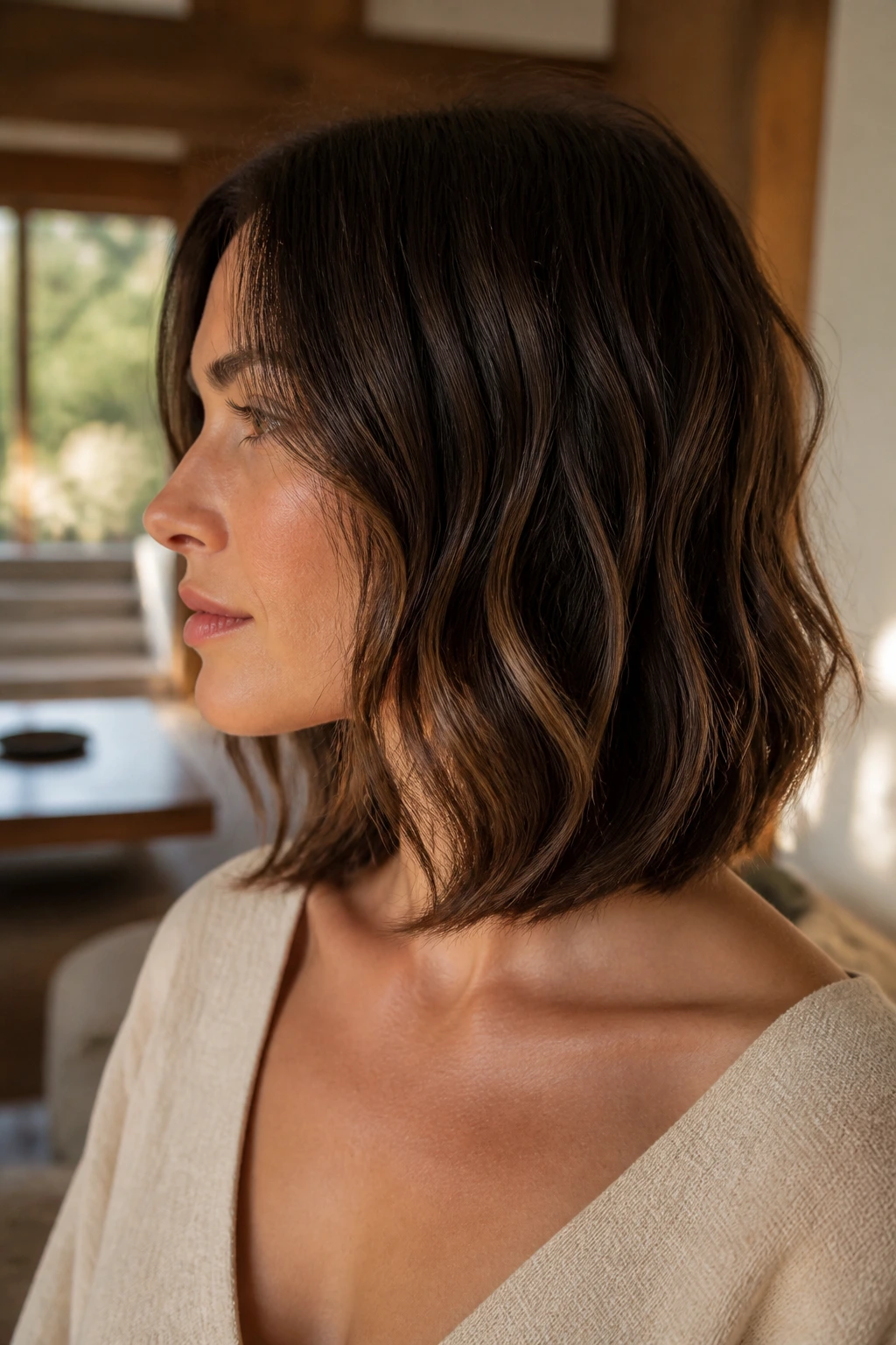 Profile portrait showing collarbone-curved lob along the shoulder