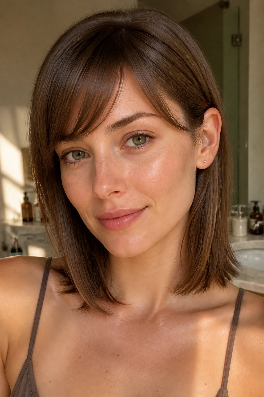 Portrait of woman with collarbone-length cut and side-swept bangs