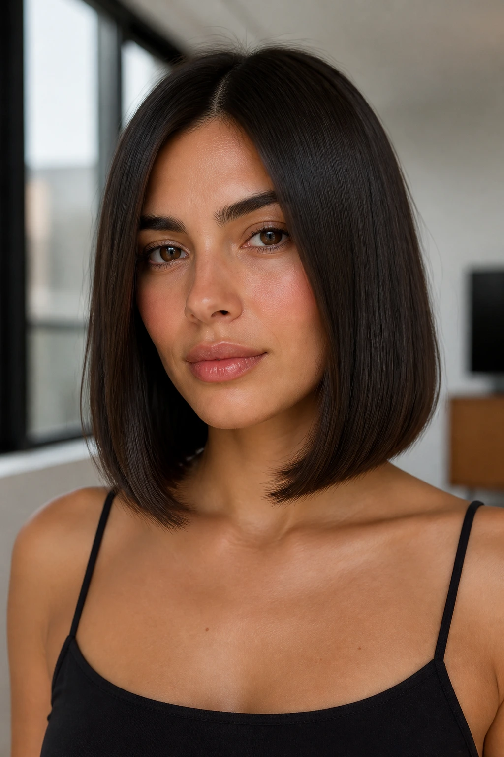 Close-up of a real woman with a collarbone-length cut and beveled ends