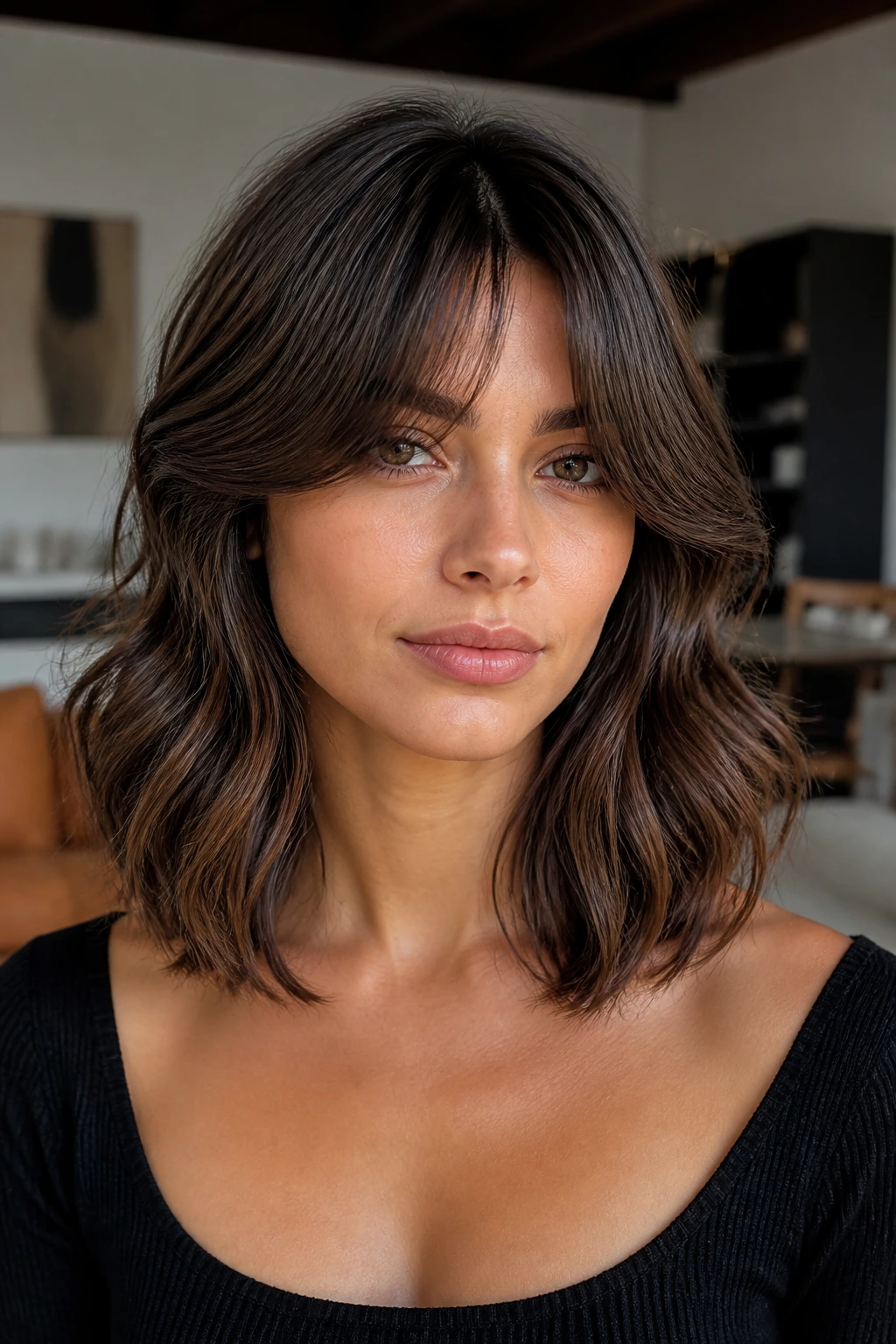 Shoulder-length collarbone cut with blended curtain bangs on a real person