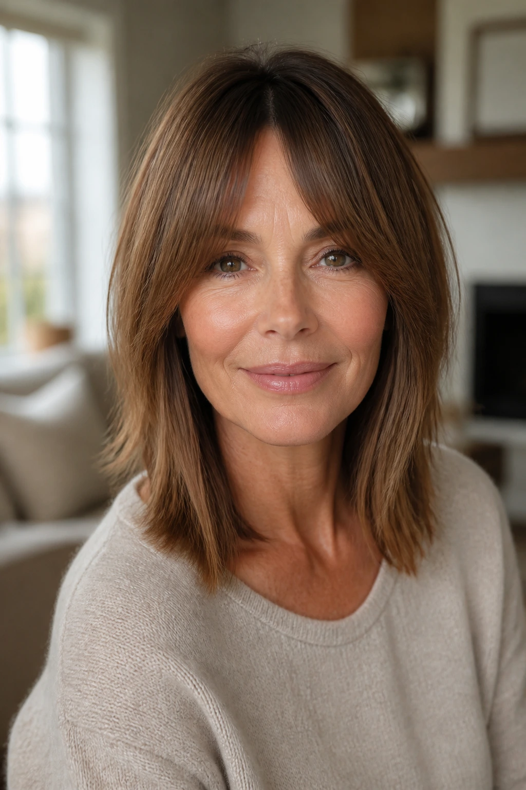 Close-up of a real woman with collarbone-length hair and bottleneck bangs