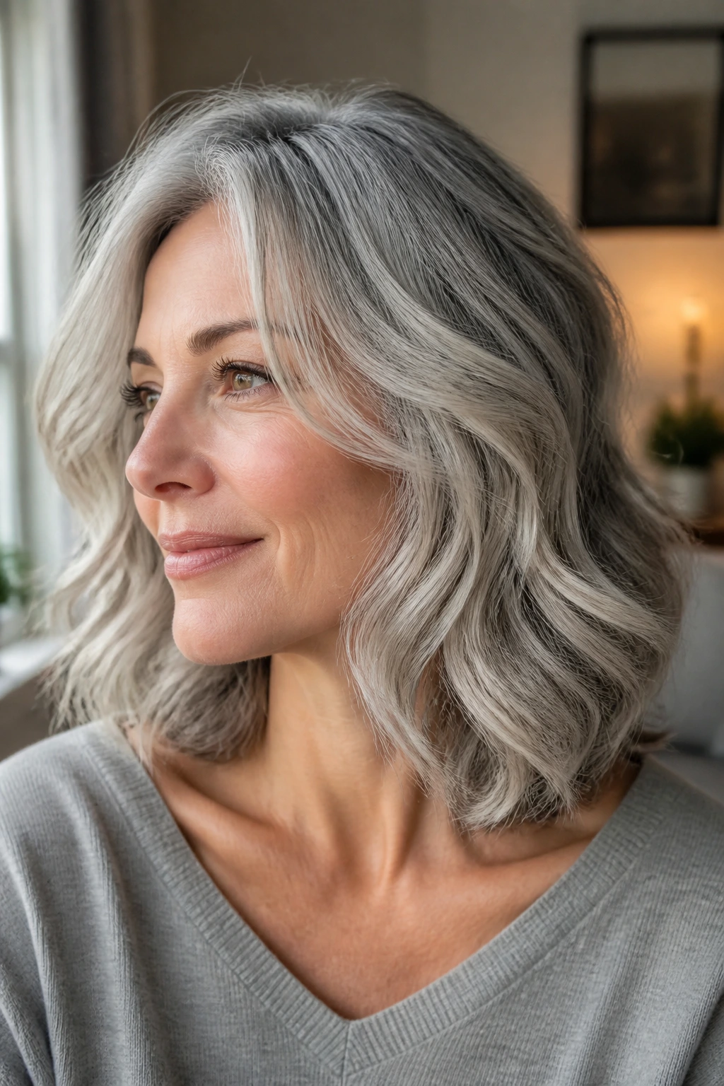 Close-up of a real woman with collarbone-length wavy gray hair in natural light.