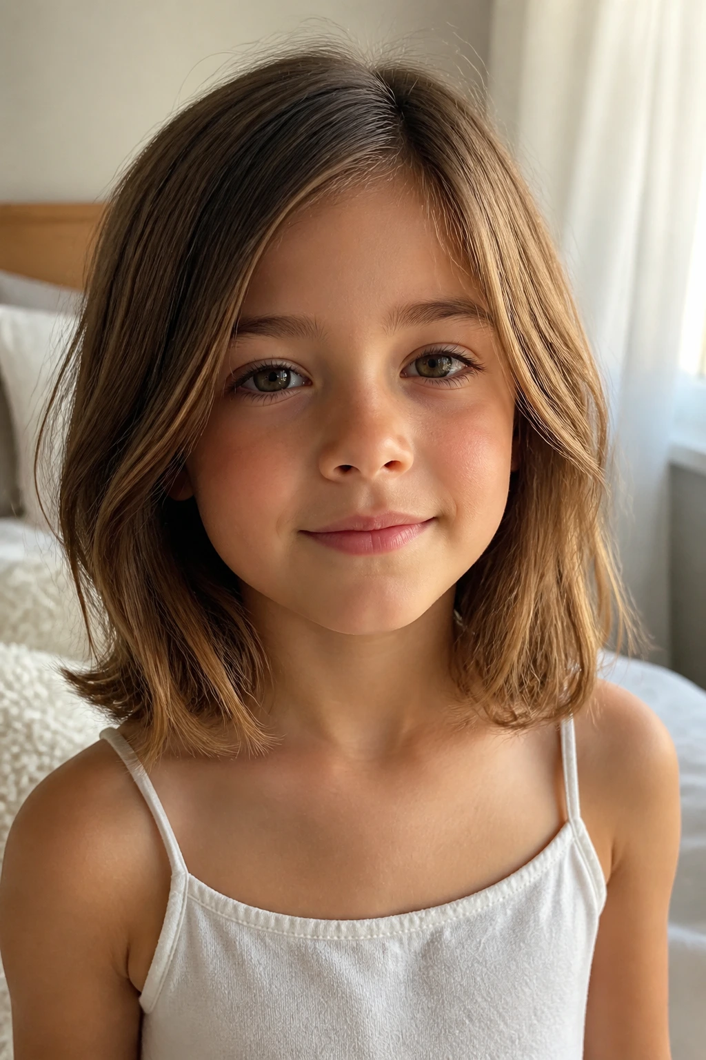 Close-up of a real girl with collarbone-length haircut in warm sunlit room