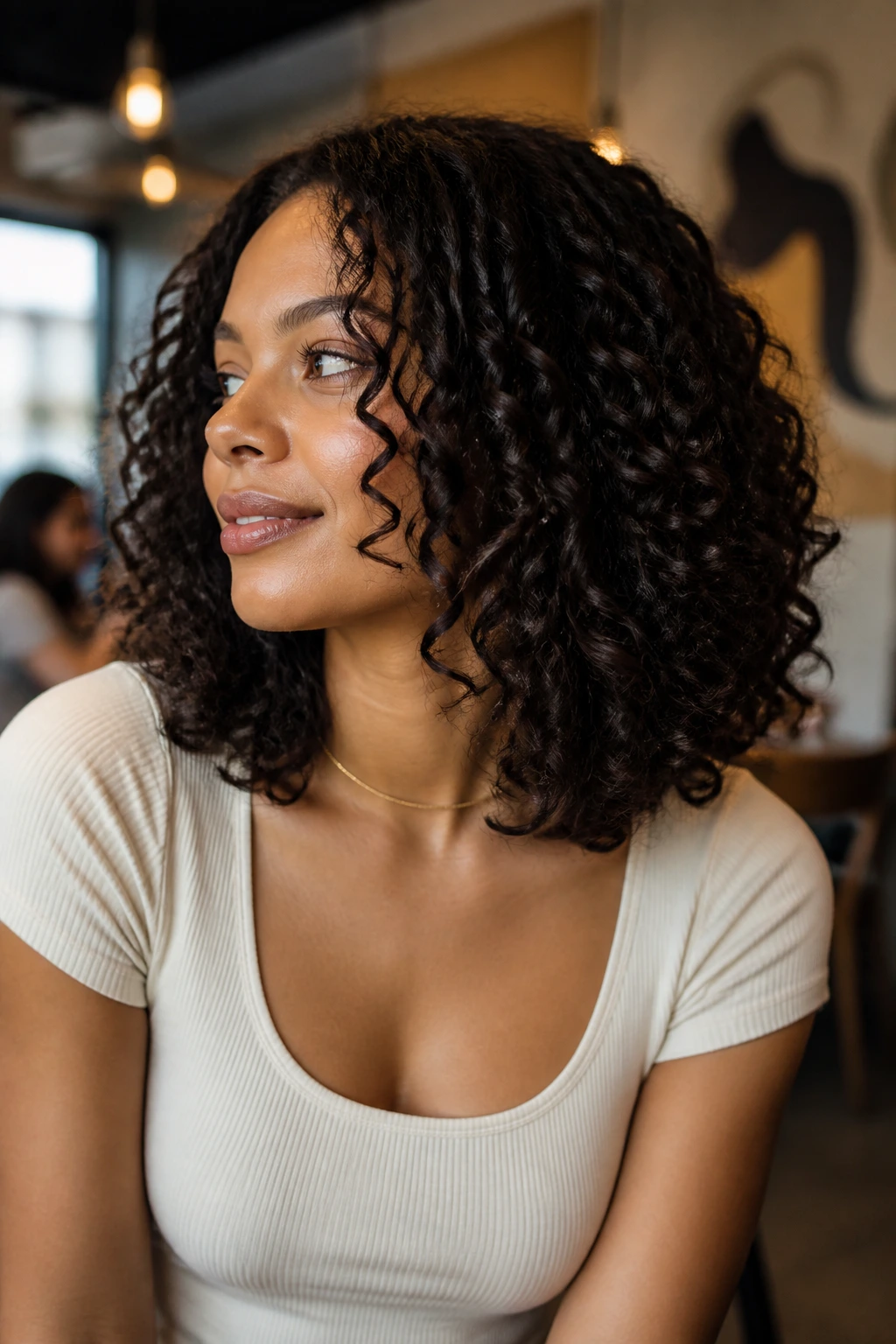 Close-up portrait of a real person with collarbone-length curls and hidden layers