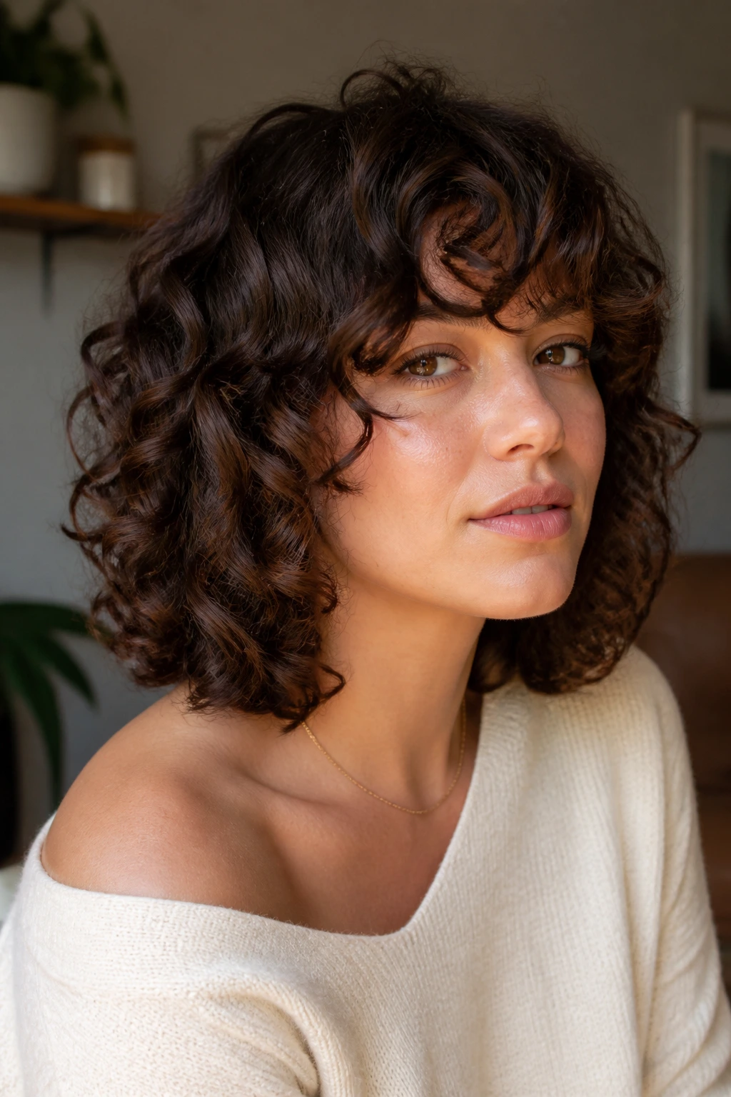 Collarbone cut with internal layers on a real woman in warm window light