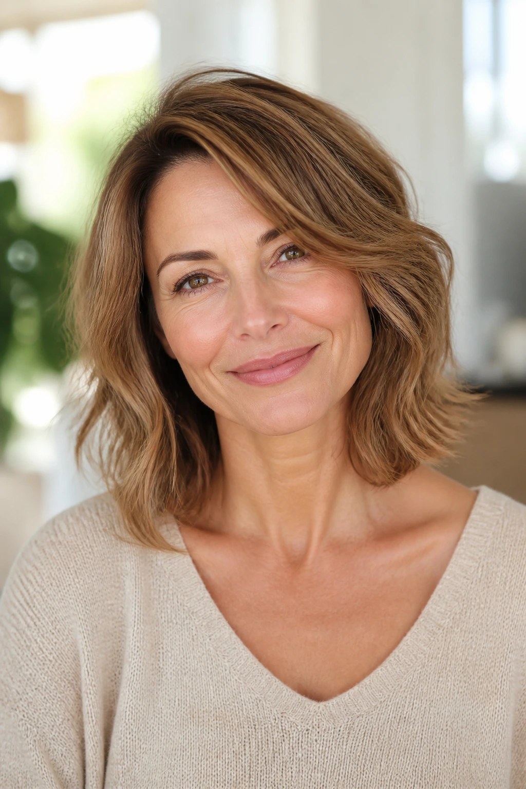 Portrait of a real woman with collarbone-length hair and side part