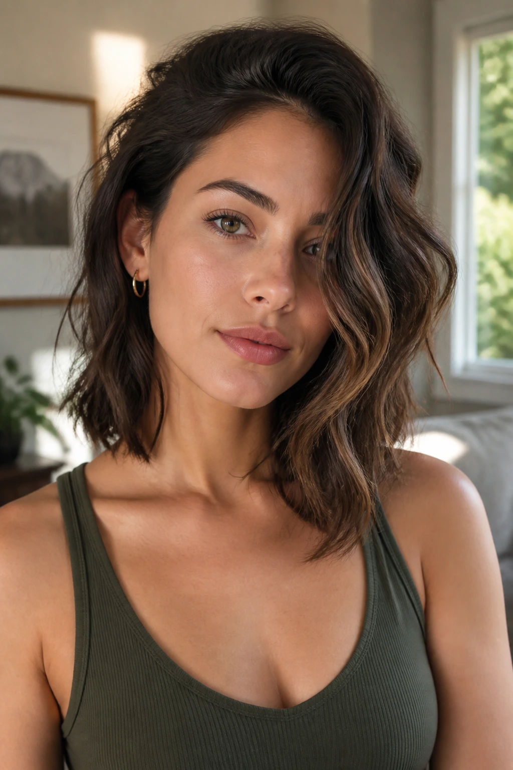 Close-up of a real woman with collarbone-length wavy hair and one longer side in natural light