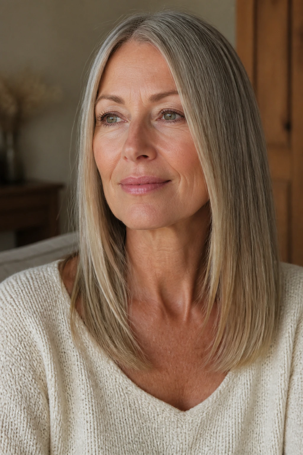 Close-up of a real woman with collarbone-starting face frame in long straight hair.