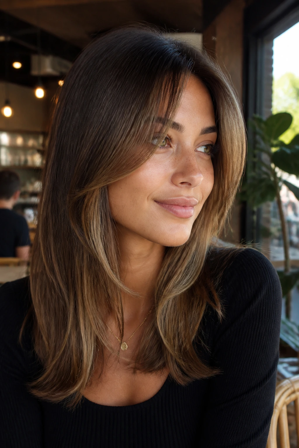 Close-up portrait of a real person with collarbone-length front pieces softly blended into longer layers.