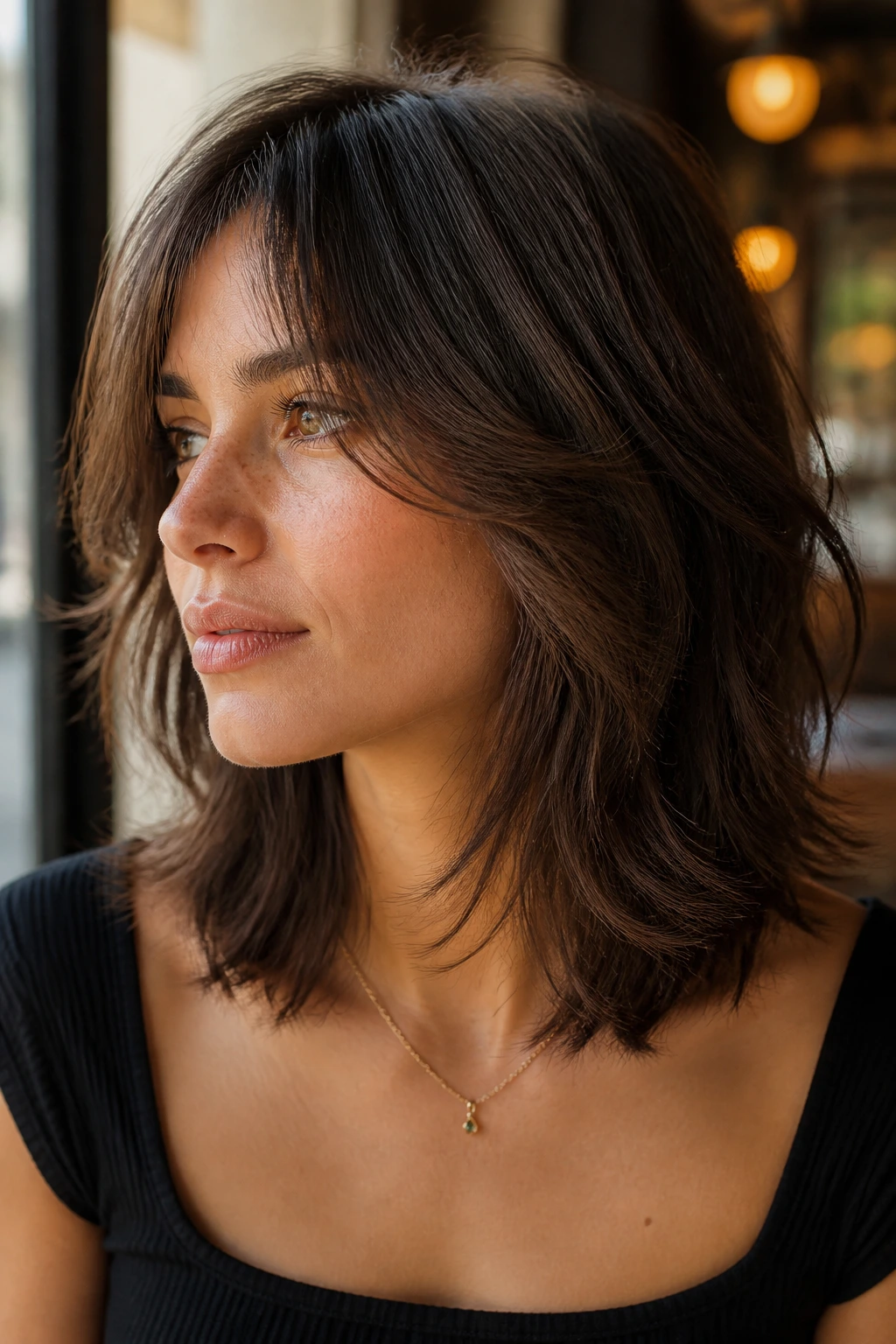 Medium close-up of collarbone-length feather shag on a real person