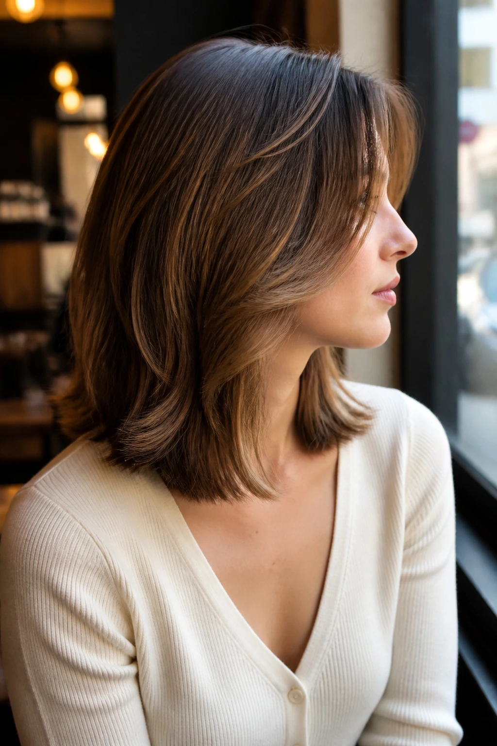 Profile view of a woman with collarbone-length hair featuring internal feathering.