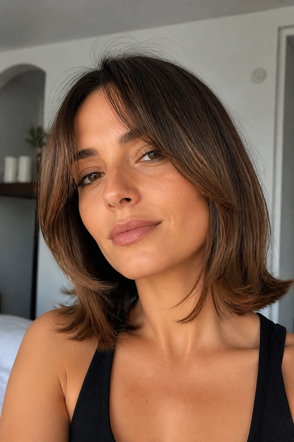 Portrait of a woman with collarbone-length flip bob and curtain bangs in warm light