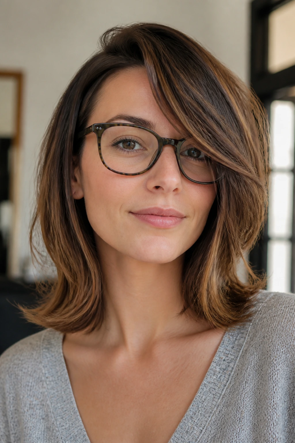 Close-up of a real woman with glasses showing a collarbone-length flip and side sweep