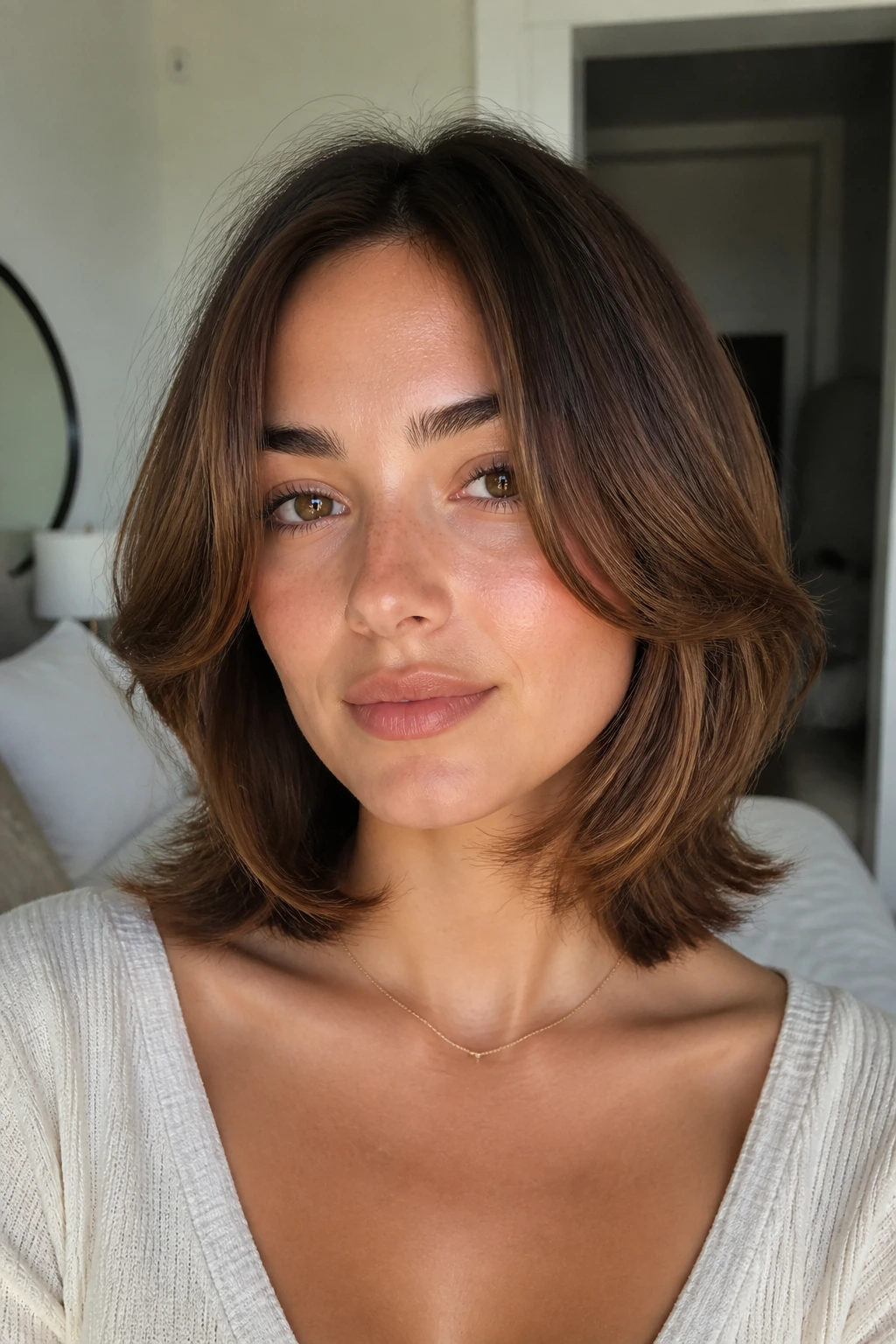 Close-up of real woman with collarbone-length hair and flipped ends
