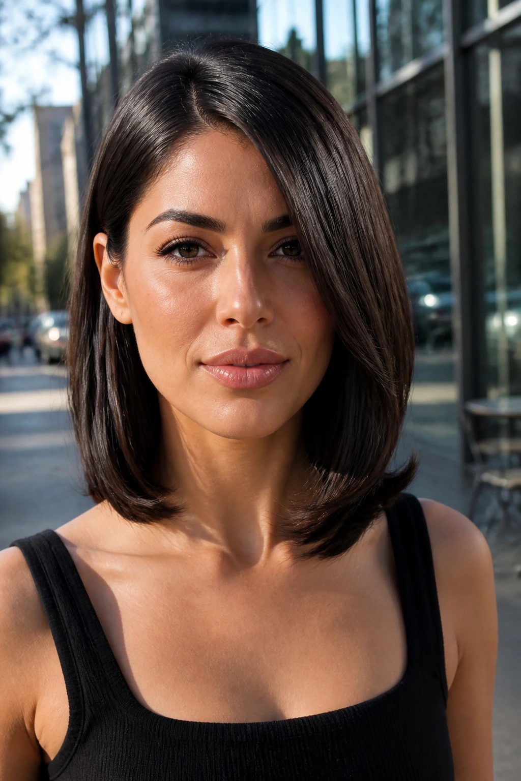 Close-up portrait of person with sleek collarbone flip haircut