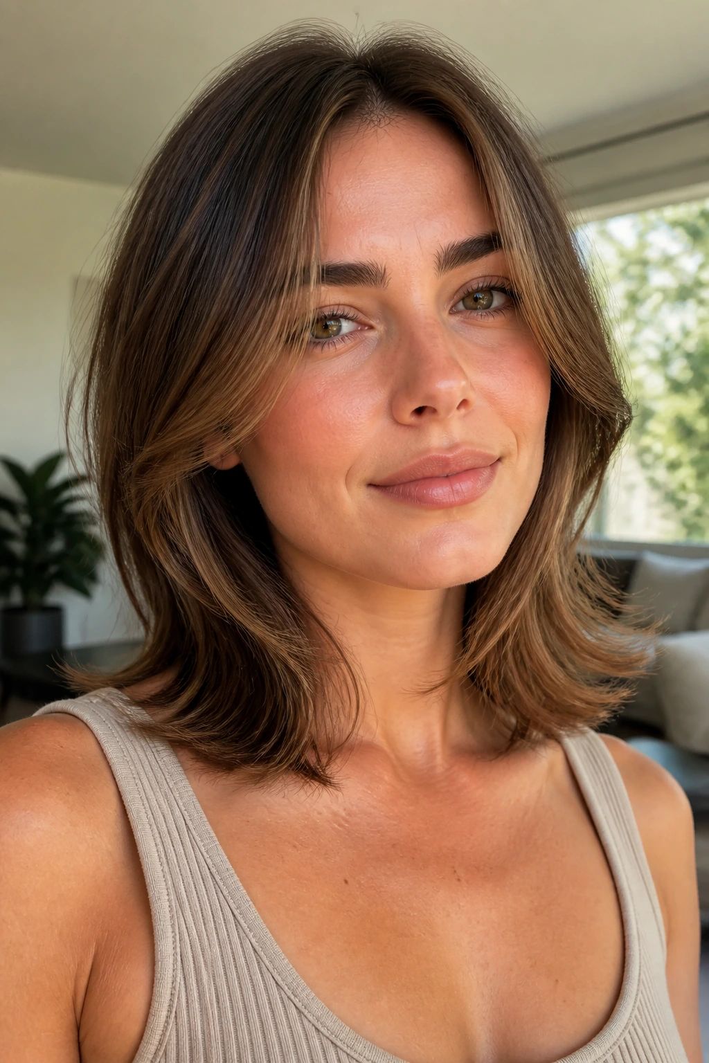 Close-up portrait of a real woman with collarbone-length layers and outward flip.