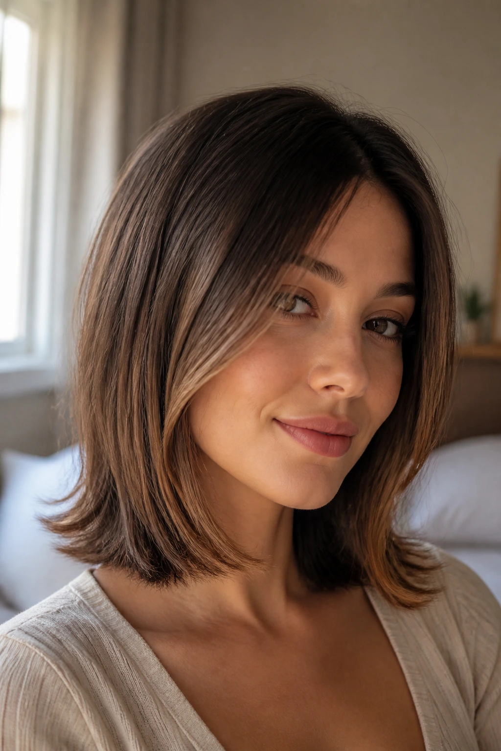 Close-up of a Collarbone Flip Lob on a real woman with outward flipped ends at the collarbone