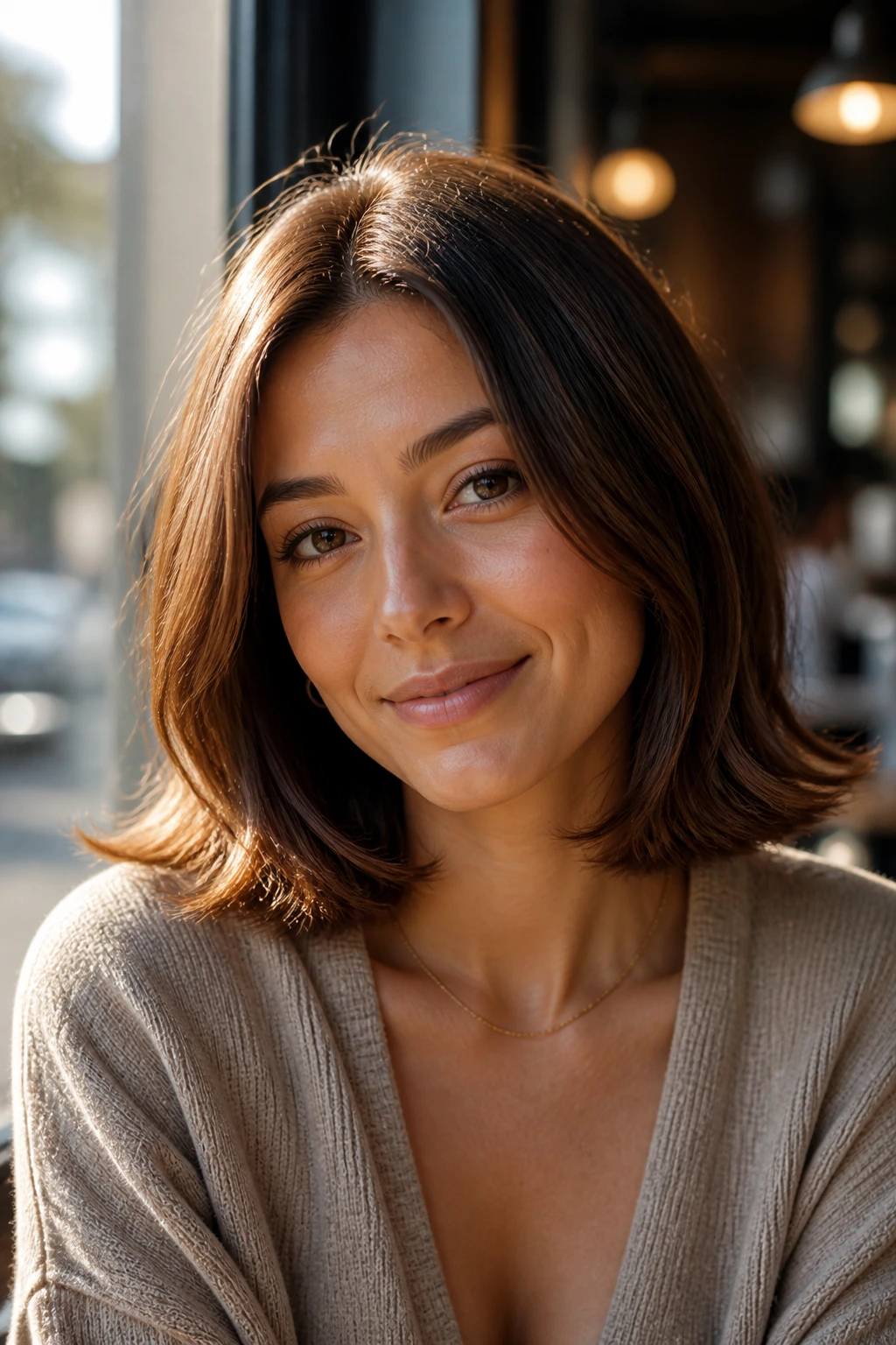 Close-up of a real woman with collarbone-length lob and outward flip at the ends, sunlit setting.