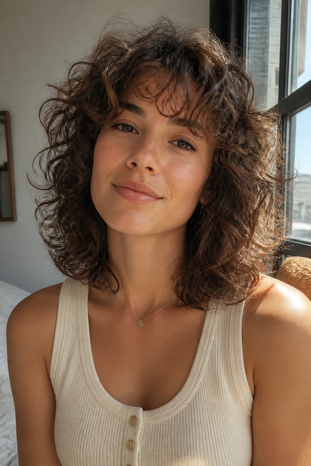 Close-up of a real woman with collarbone flip shag showing flipped ends