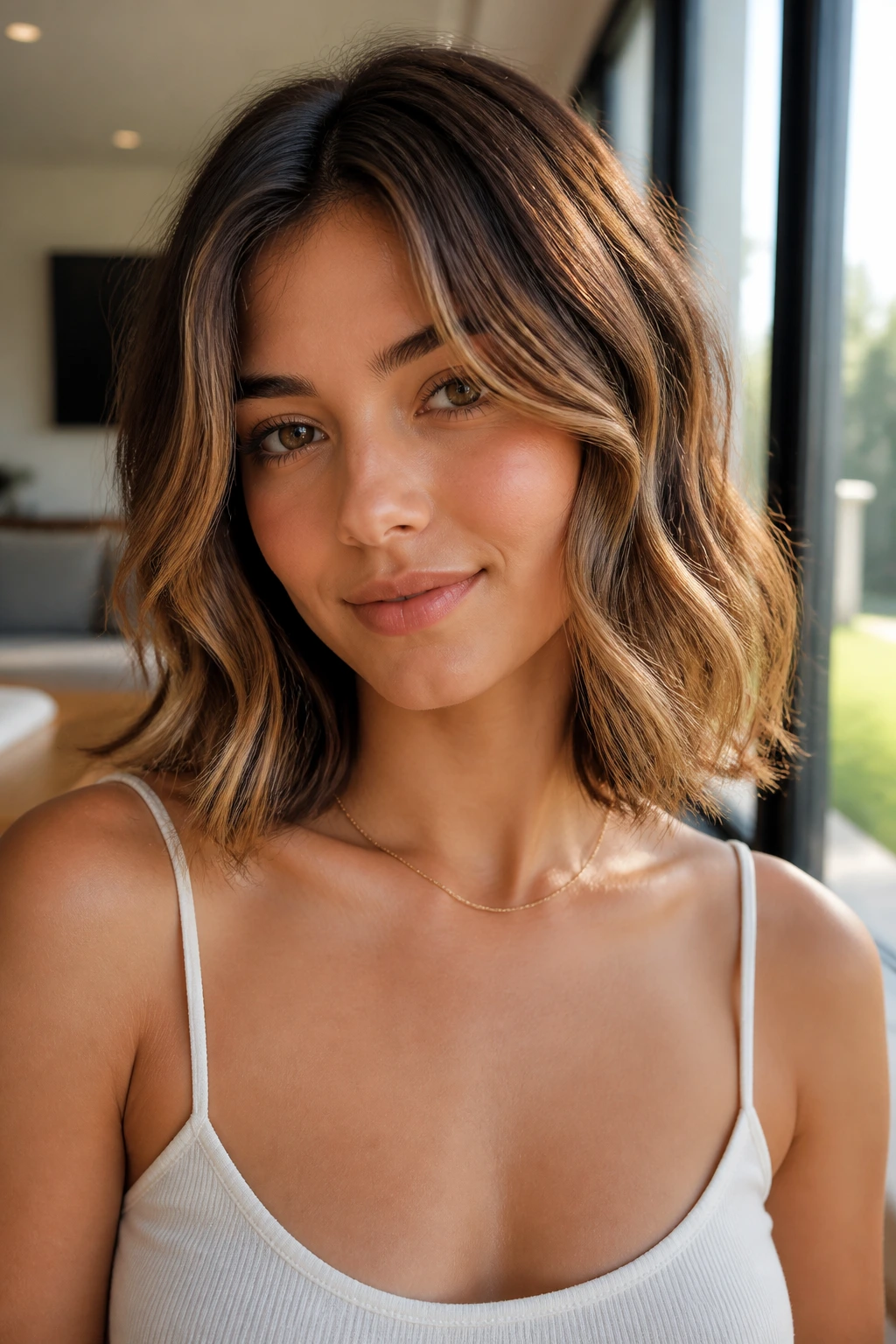 Close-up of a real woman with collarbone-length flip waves.