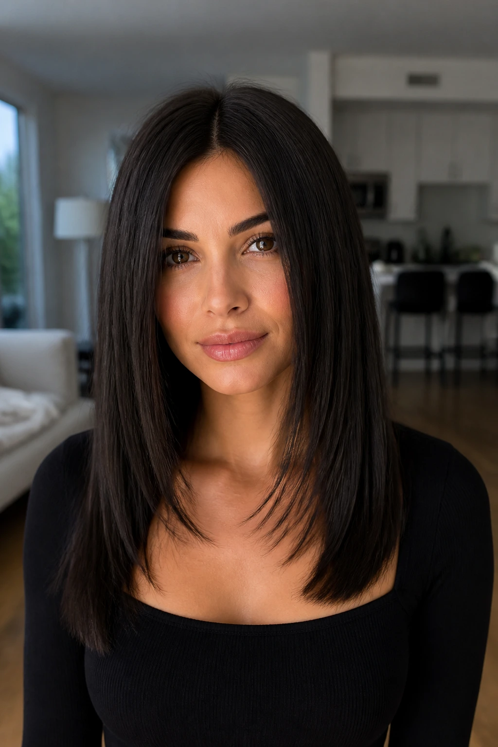Real woman with collarbone-length face-framing layers in thick straight hair