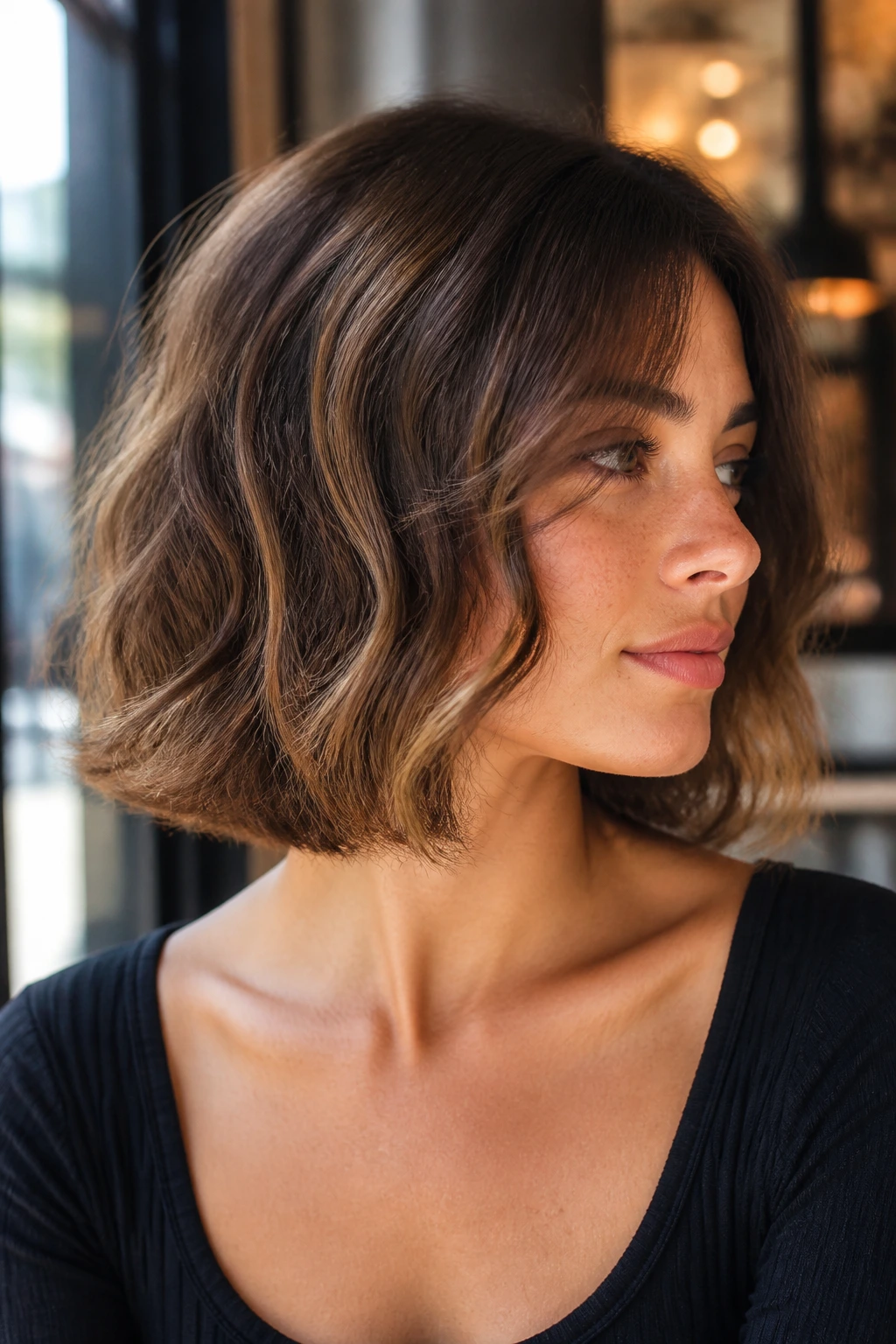 Close-up portrait of a real woman with collarbone French bob loose texture