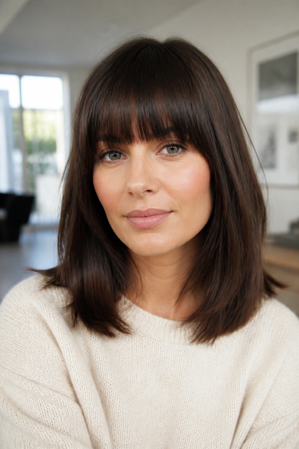 Close-up portrait of a real person with a collarbone-length fringe