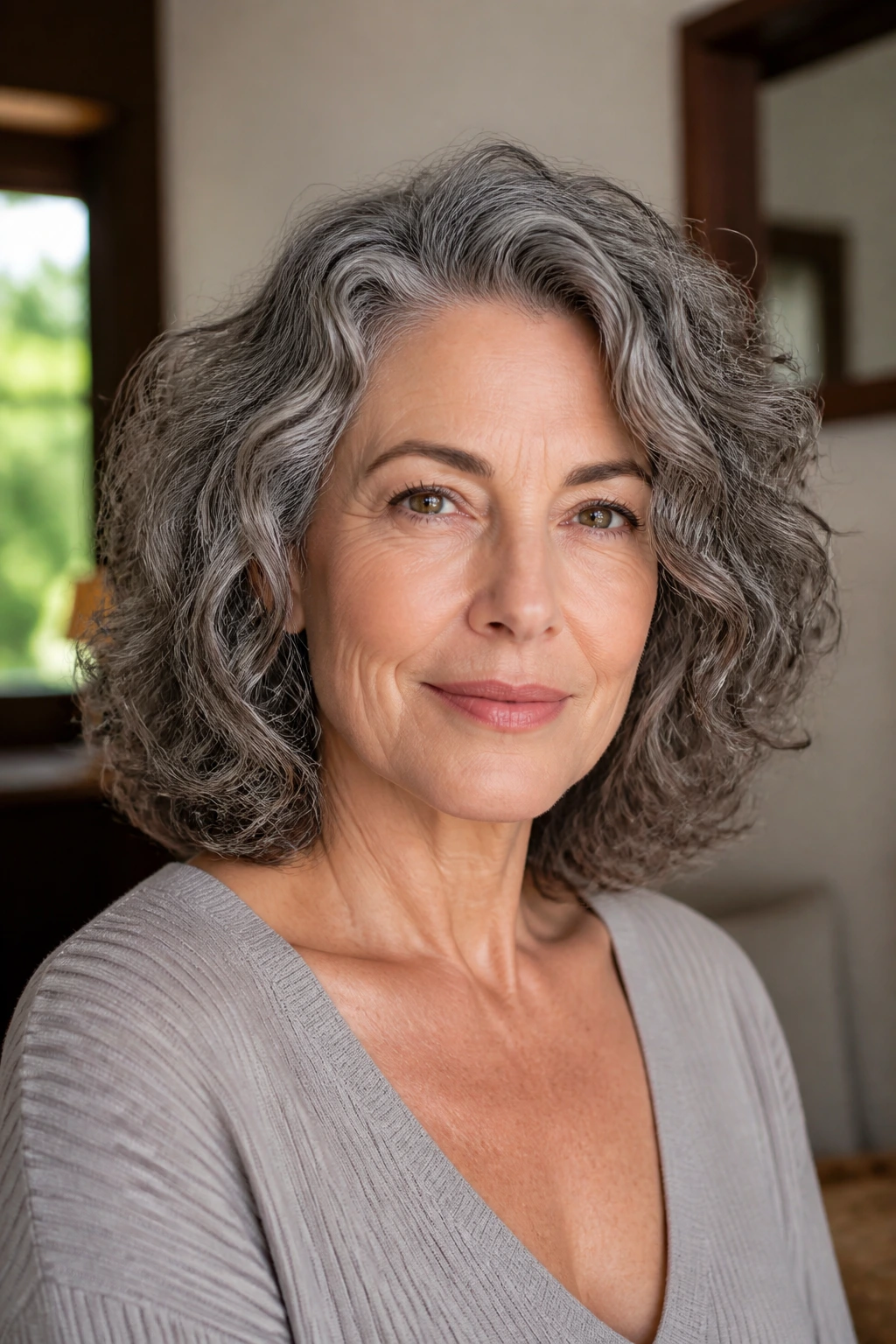 Real person with collarbone-grazing curly lob and soft outline