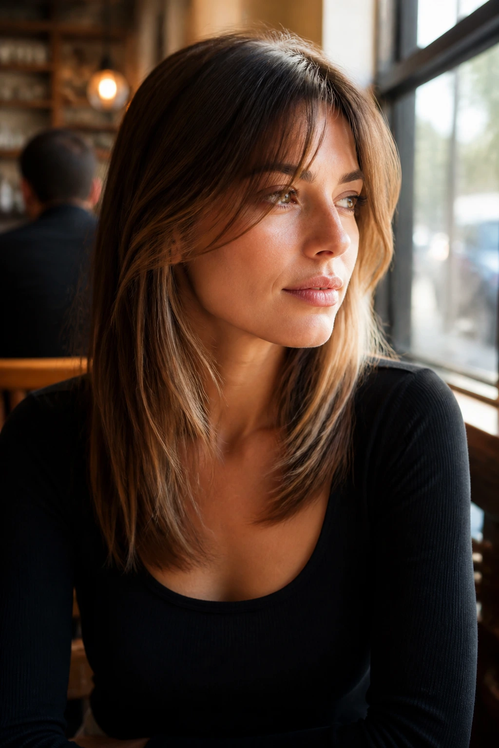 Close-up portrait of a real woman with collarbone-grazing curtain bangs