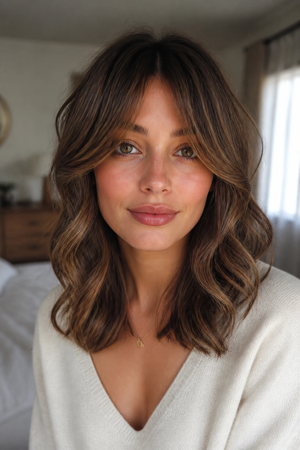 Close-up portrait of a real woman with collarbone-grazing curtain bangs in soft natural light