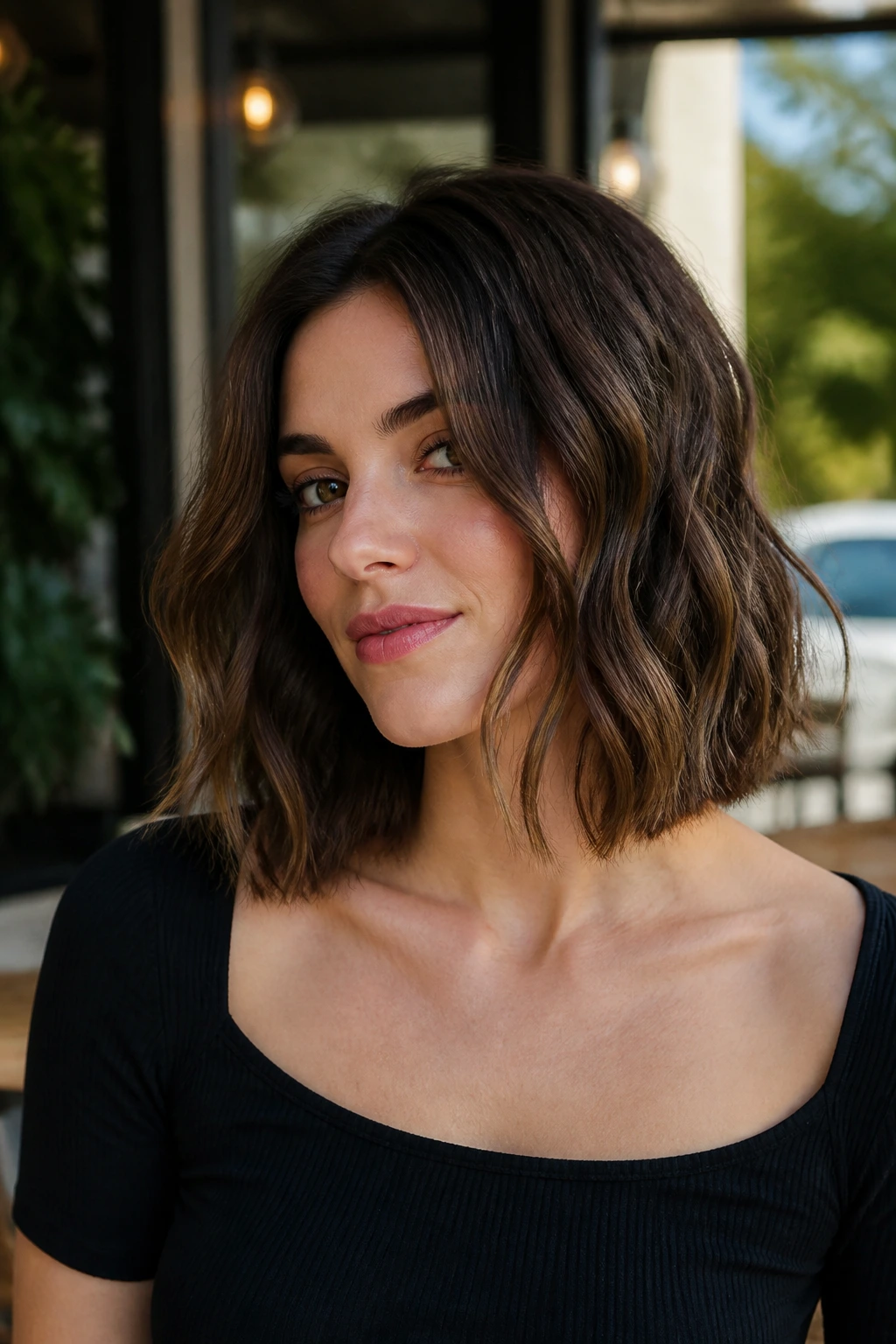 Close-up portrait of a real person with a collarbone-grazing short lob hairstyle
