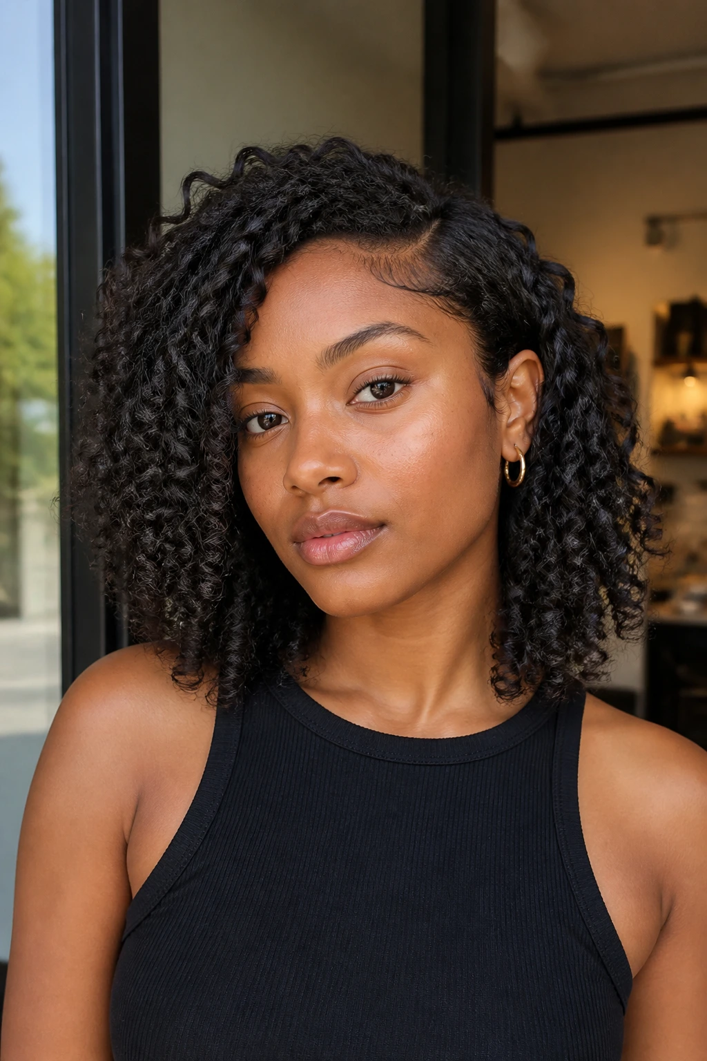Close-up of a Black woman with collarbone-grazing lob and layered curls by a sunlit doorway
