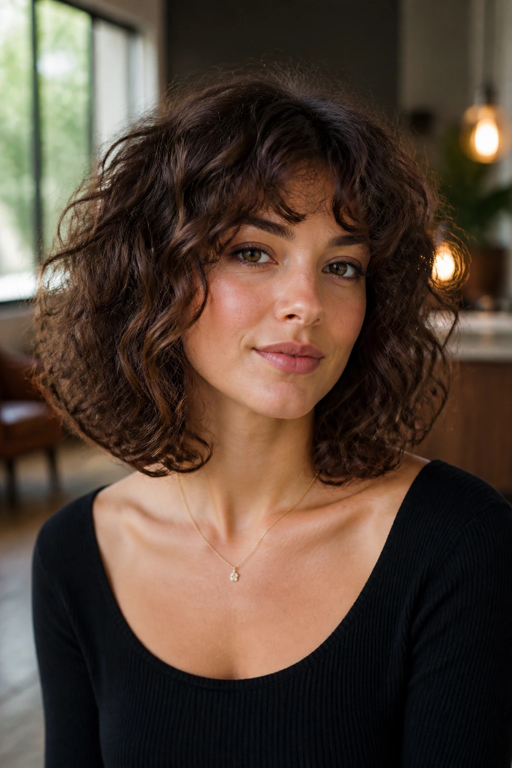 Real woman with collarbone-length halo bob in soft light