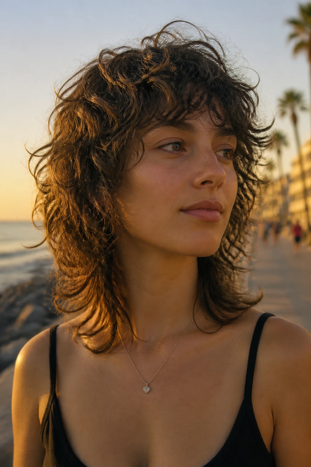 Portrait of a real person with collarbone-kick wolf hairstyle and outward curls at the collarbone