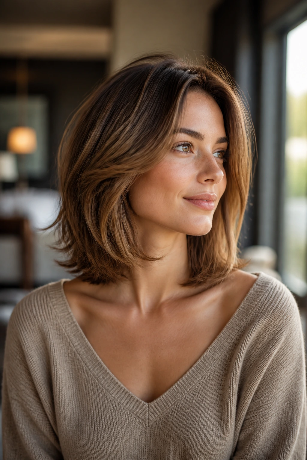 Close-up of a woman with a soft collarbone-length layered bob under warm window light