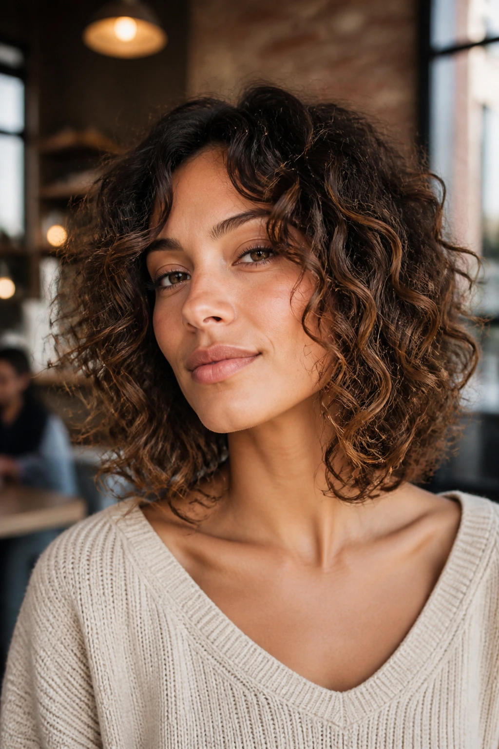 Close-up of real woman with collarbone-length layered curly bob showing movement.