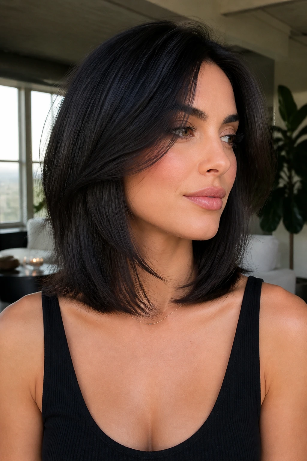 Close-up of a real woman with collarbone-length dark hair showing hidden interior layers.