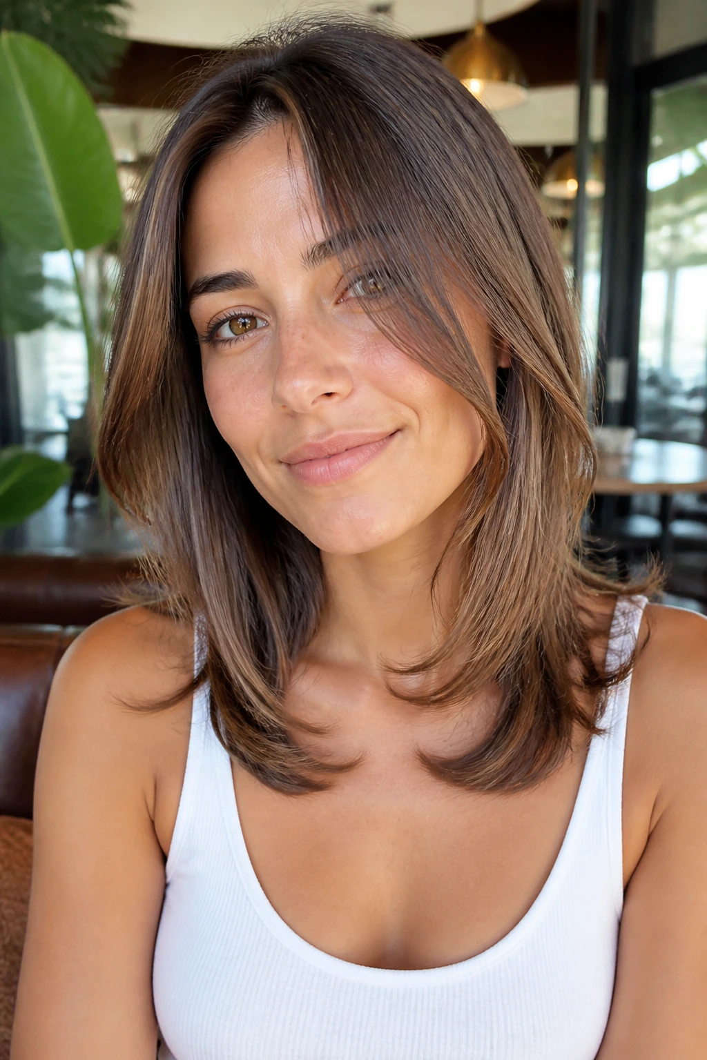 Portrait showing collarbone-length layers with a soft bend around the collarbone