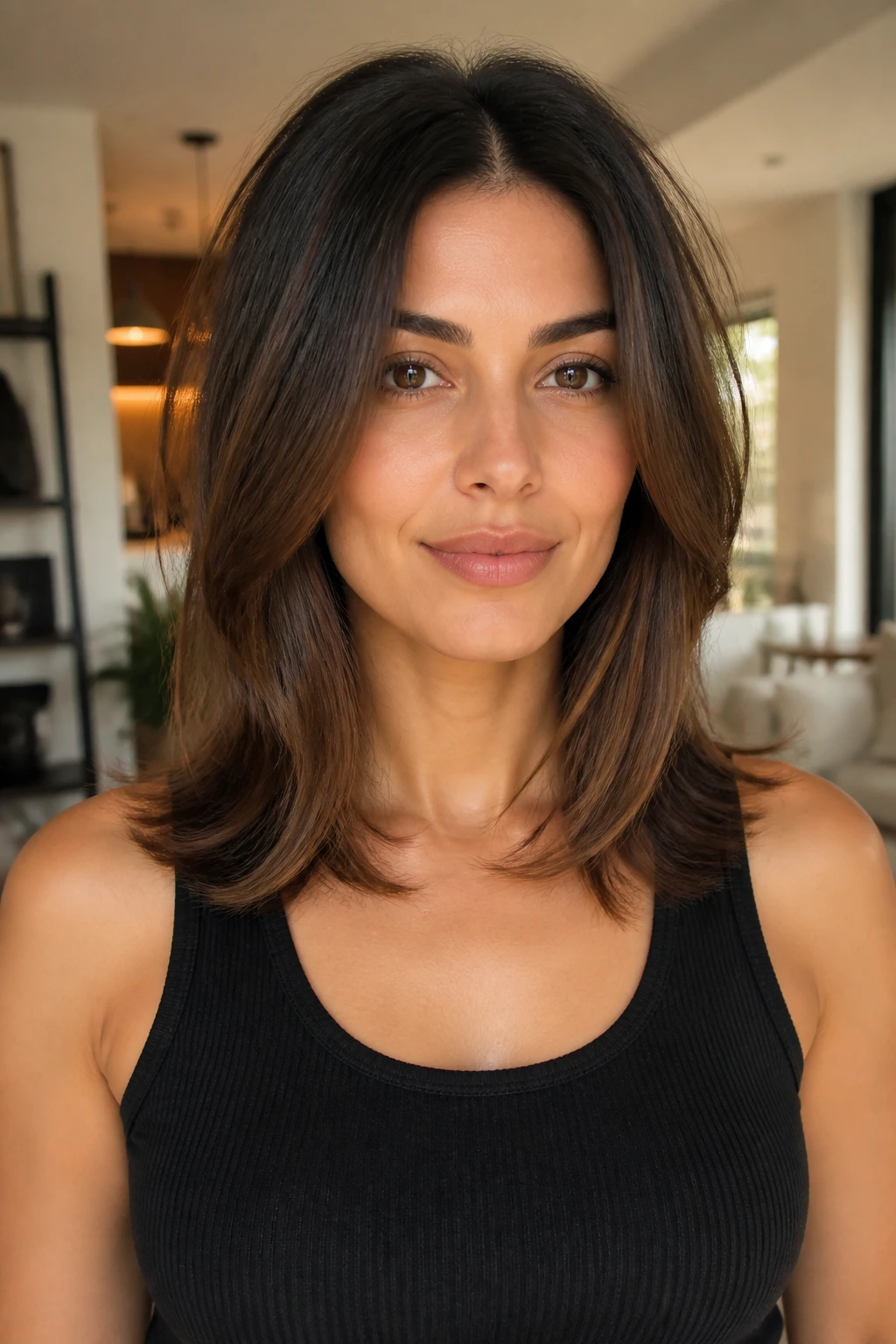 Collarbone-length face-framing layers on a real woman's hair