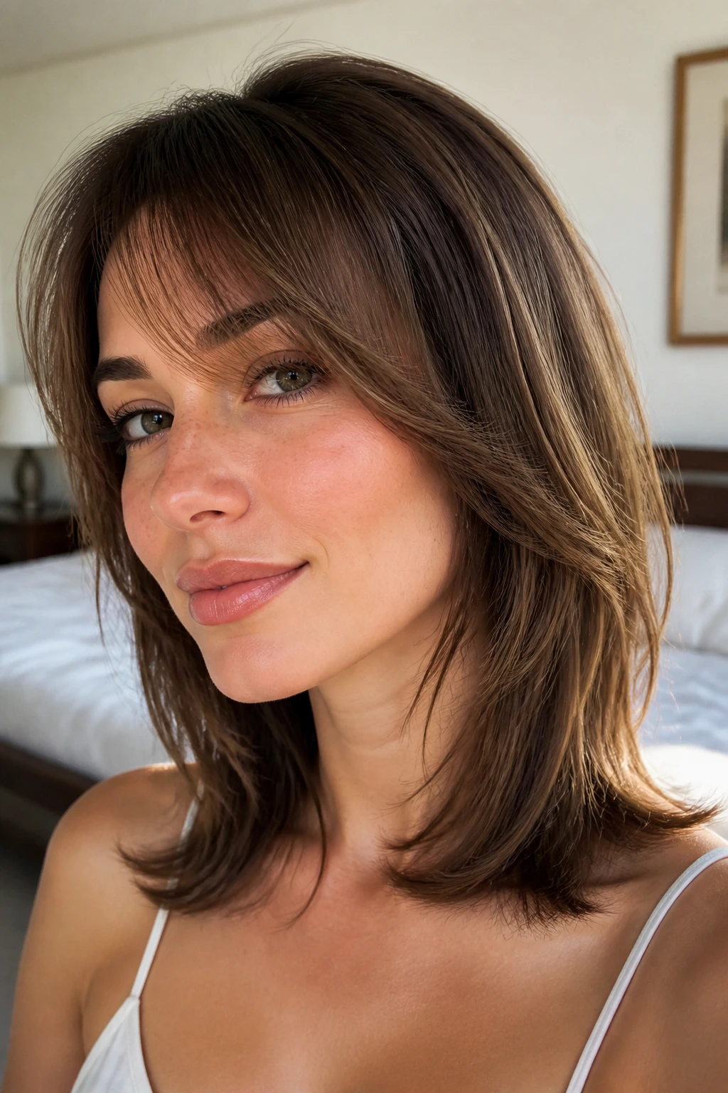 Close-up of a woman with collarbone-length layers and airy side bangs in warm window light.