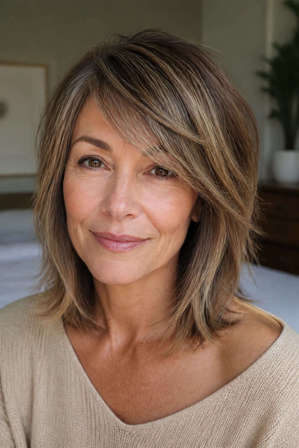 Close-up of woman with collarbone-length layers and a side-swept fringe