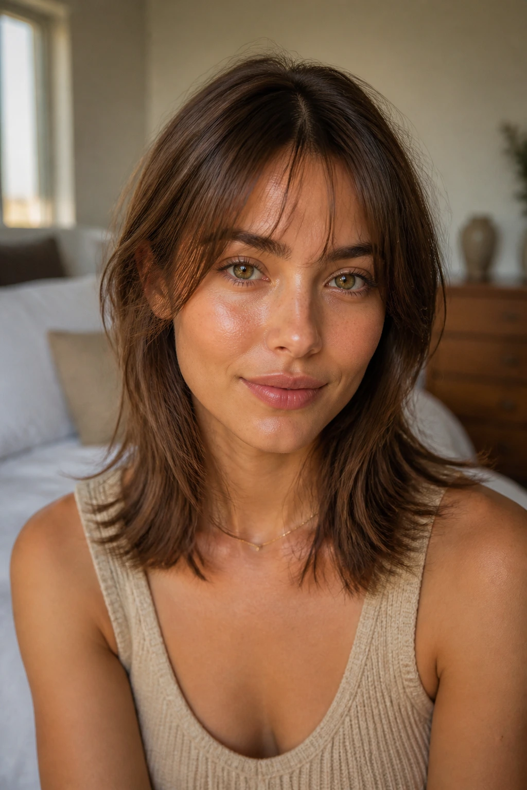 Close-up portrait of a real woman with collarbone-length layered hair and barely-there bangs