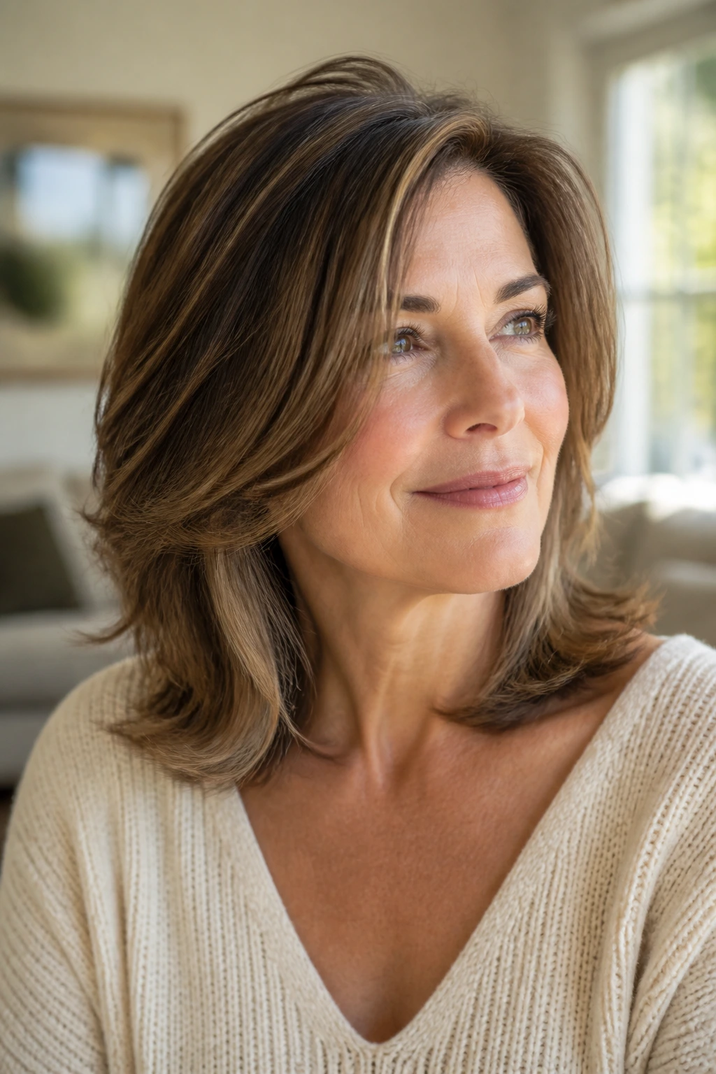 Close-up of a woman with collarbone-length layered hair and soft face-framing layers
